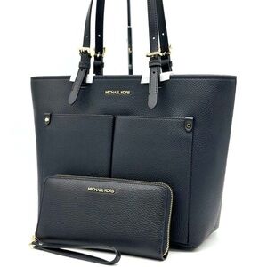 Michael Kors Jet Set Medium Pocket Tote Bag & Continental Wallet Wristlet Black